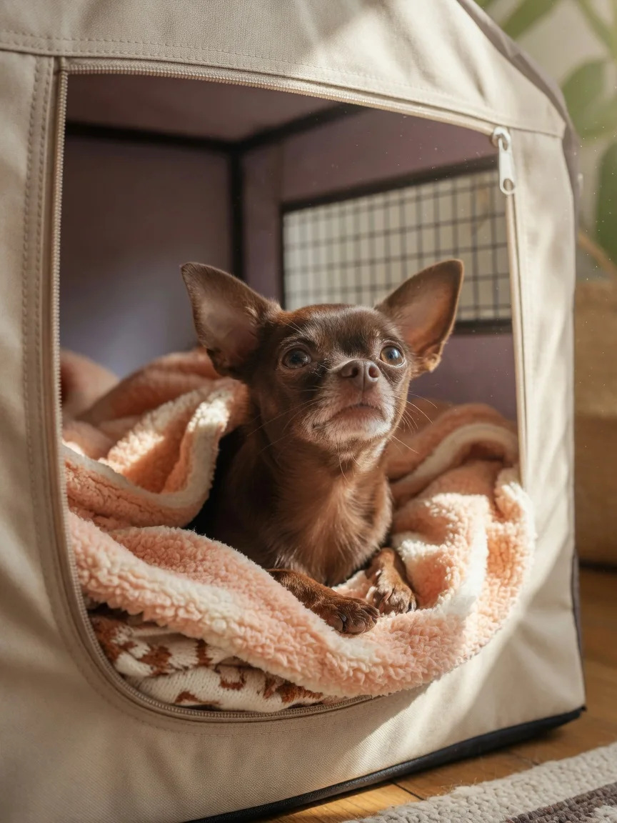 A small chihuahua looking hopefully from a cozy kennel with a blanket