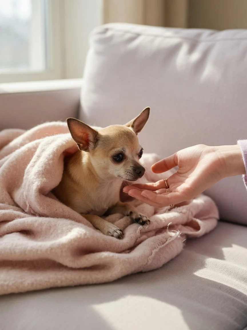 A gentle person offering a hand to a shy small chihuahua in a soft blanket