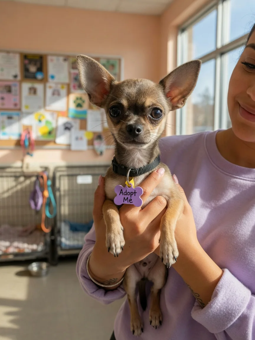 A person holding a small chihuahua at an adoption center