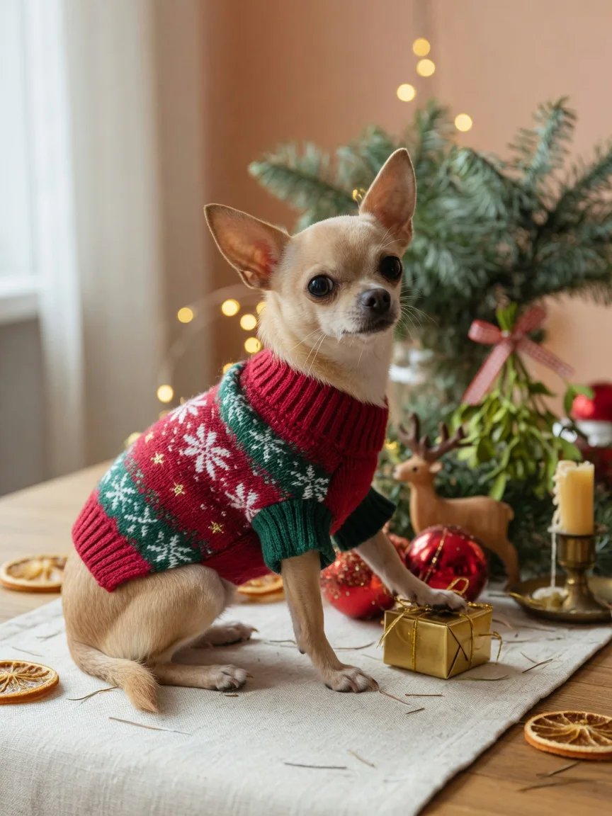 A small tan chihuahua in a festive sweater beside holiday decorations