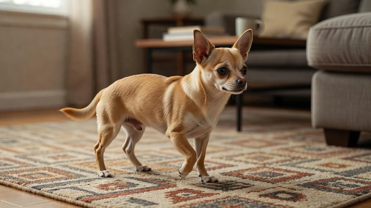 a Chihuahua mid-stride on a living room rug, caught in natural window light
