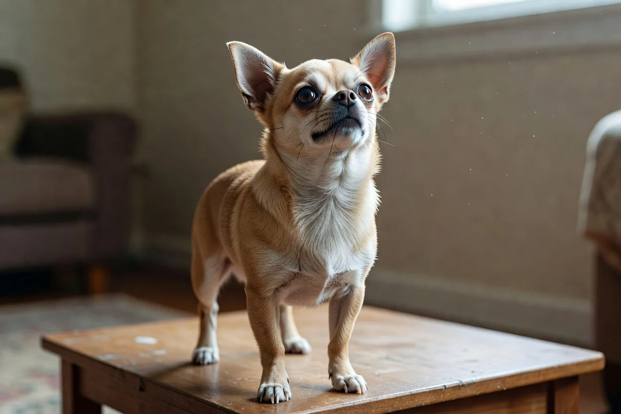 a Chihuahua standing on a low stable platform indoors, paws planted, looking up