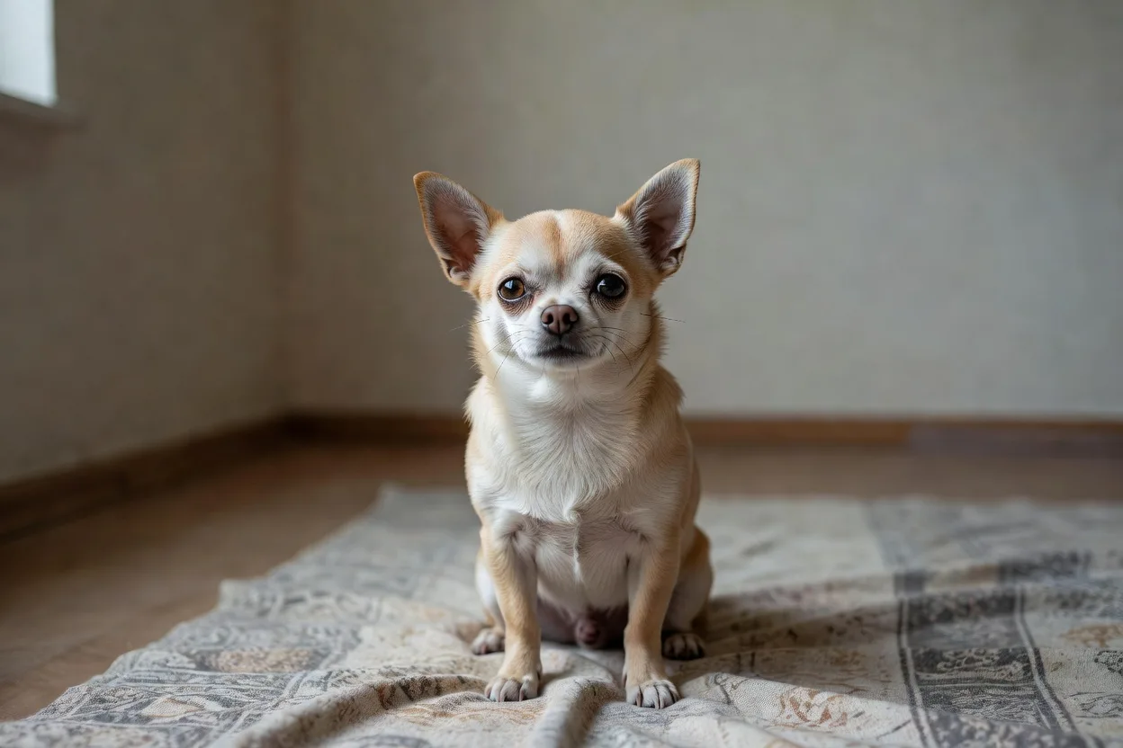 a Chihuahua sitting on a patterned blanket in a plainly furnished room