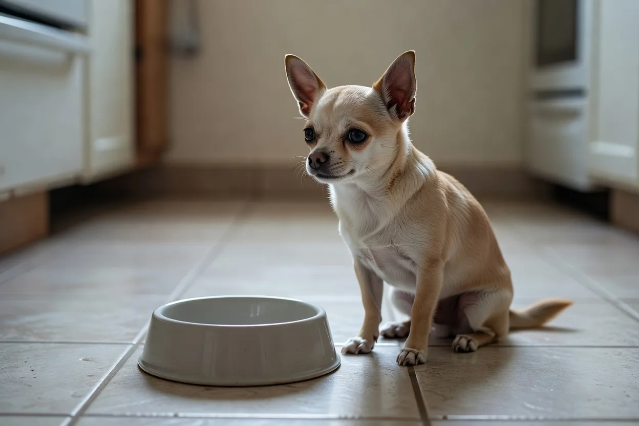 a Chihuahua beside a plain unbranded food bowl on a tiled kitchen floor