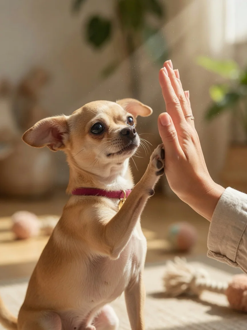 A small tan chihuahua doing a high-five with a person