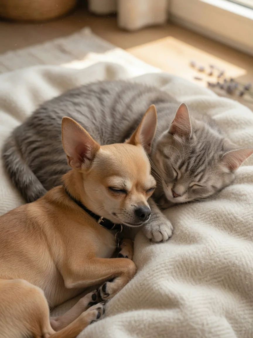A small tan chihuahua and a cat resting peacefully together