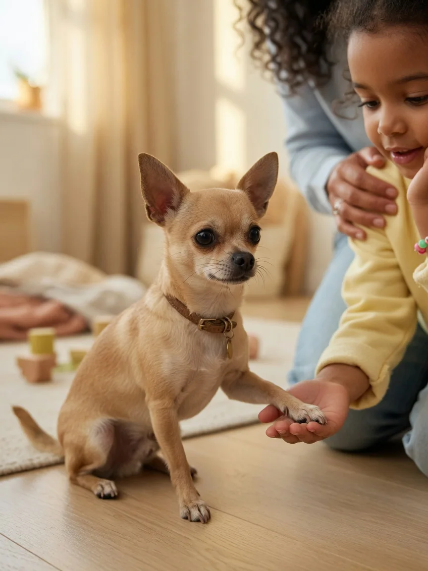 A small tan chihuahua calmly meeting a child under supervision