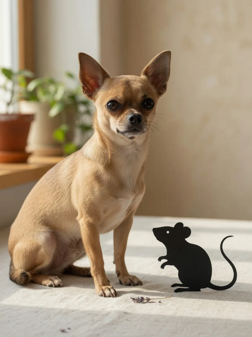 A small tan chihuahua looking dignified beside a tiny mouse silhouette