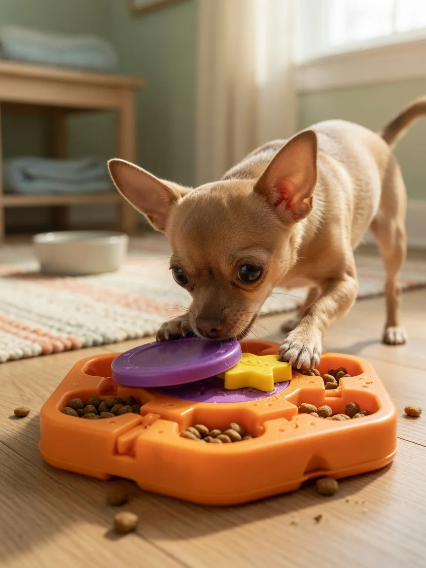 A small tan chihuahua solving a puzzle feeder toy