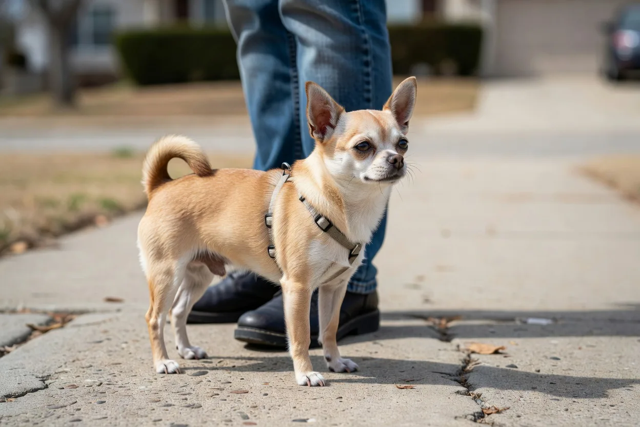 a Chihuahua on a fitted harness standing close to its owner's leg on a suburban pavement in daylight