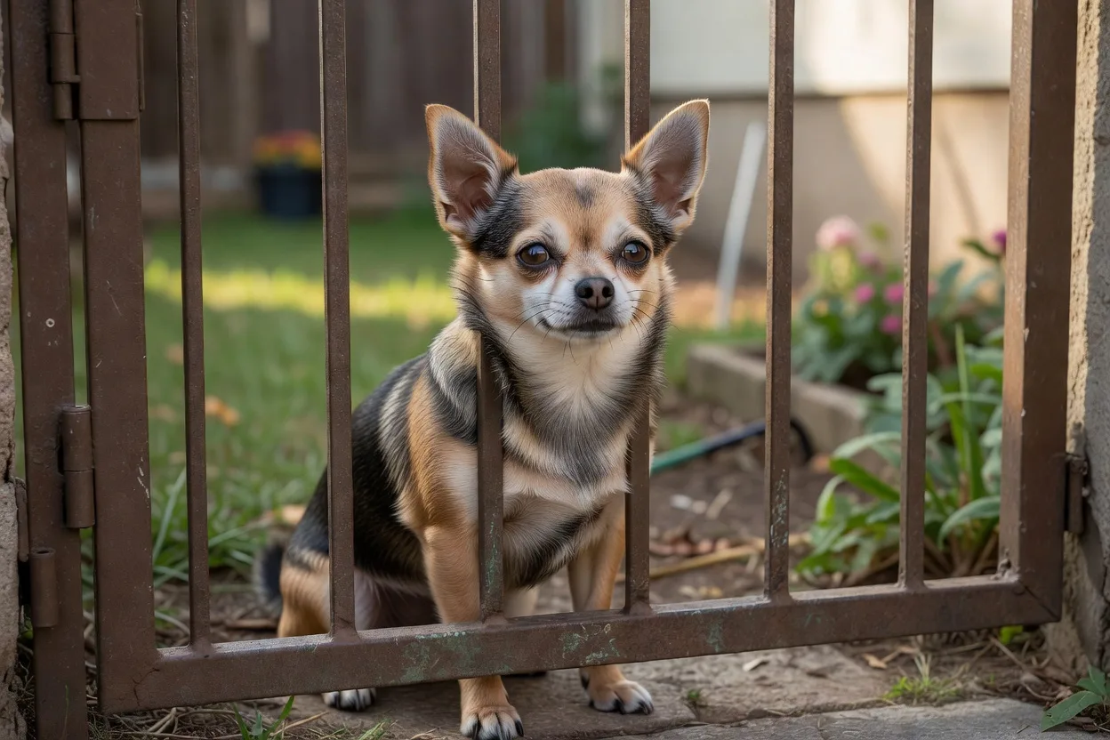 a Chihuahua behind a closed garden gate looking out, secure and calm