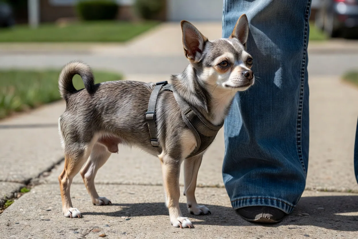 a Chihuahua on a fitted harness standing close to its owner's leg on a suburban pavement in daylight