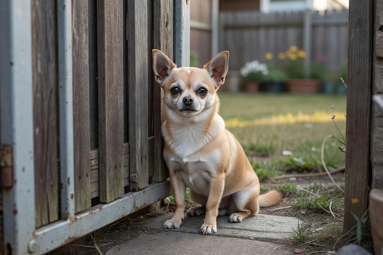 a Chihuahua behind a closed garden gate looking out, secure and calm