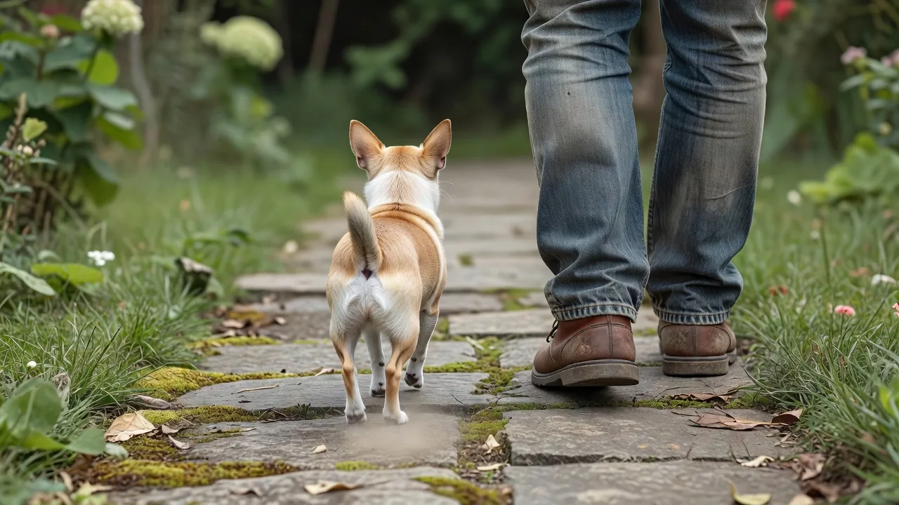 a Chihuahua walking beside an owner's feet on a garden path, seen from behind