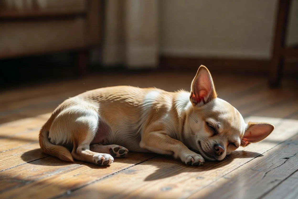 a Chihuahua asleep in a patch of afternoon light on a wooden floor
