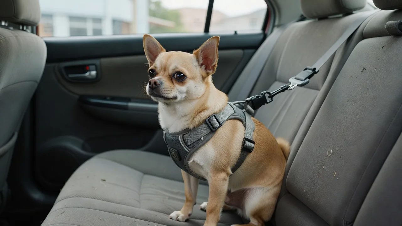 a Chihuahua secured in a crash-tested car harness on a rear car seat
