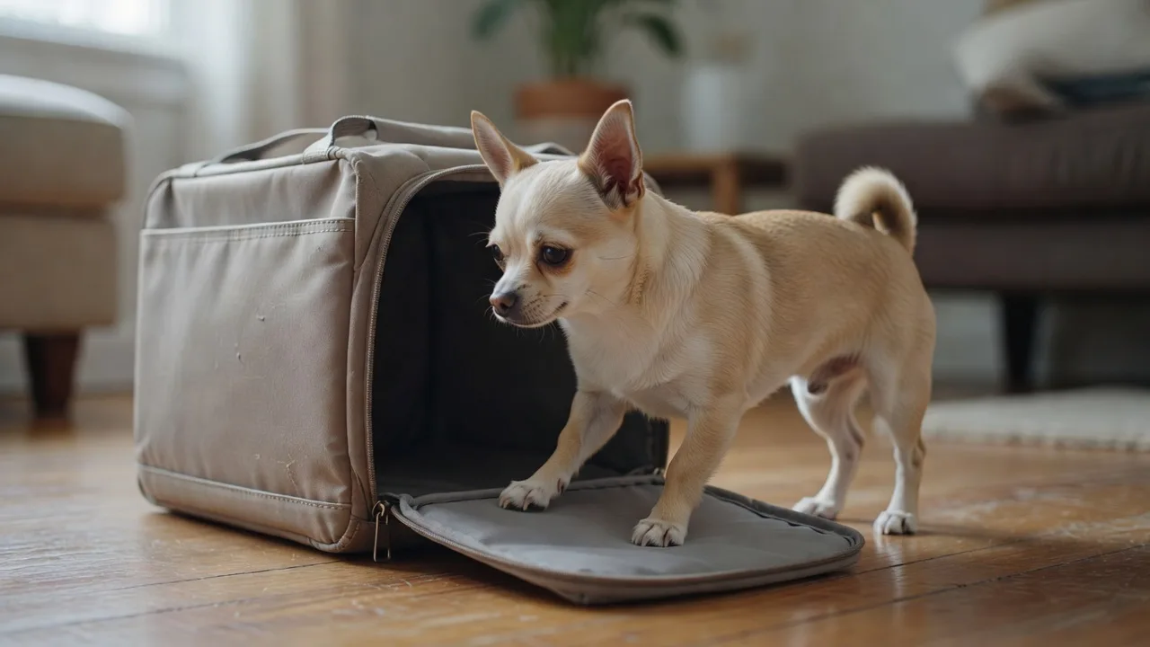 a plain unbranded travel carrier open on a floor with a Chihuahua stepping inside