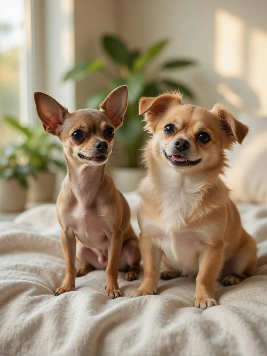 Two small friendly dogs side by side showing different builds
