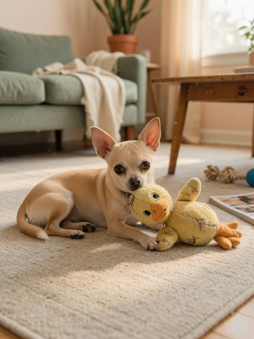 A small tan chihuahua with a stuffed toy on a living room floor
