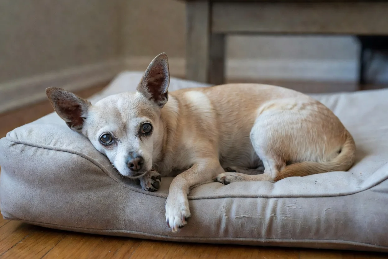 a grey-muzzled senior Chihuahua resting on an orthopaedic pet bed