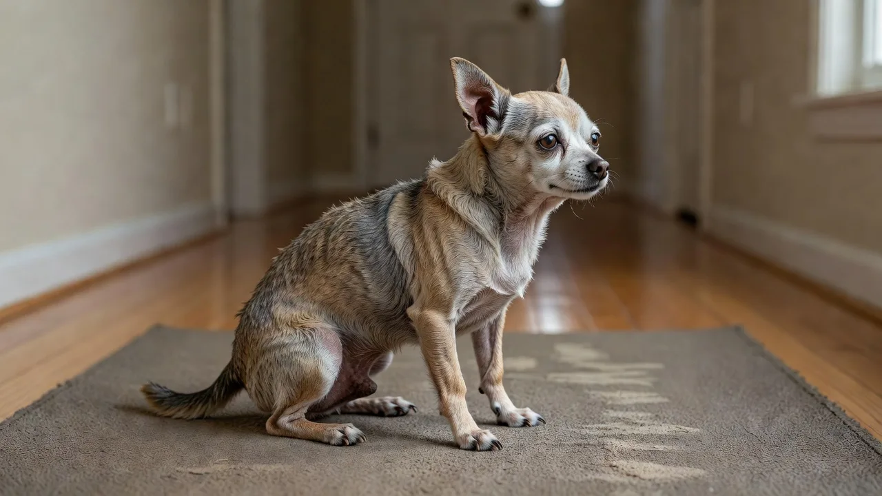 a senior Chihuahua standing slowly on a non-slip mat in a hallway