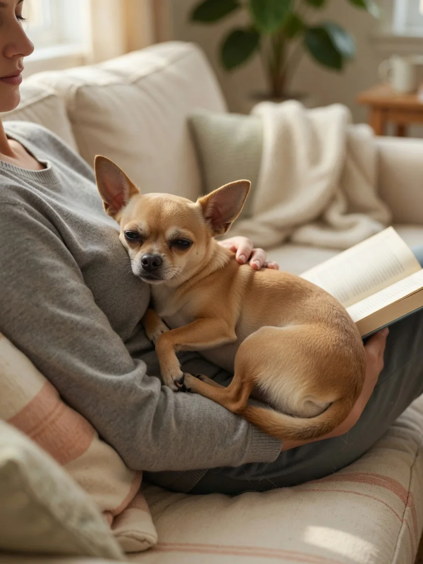 A small tan chihuahua snuggled against its owner reading on a sofa
