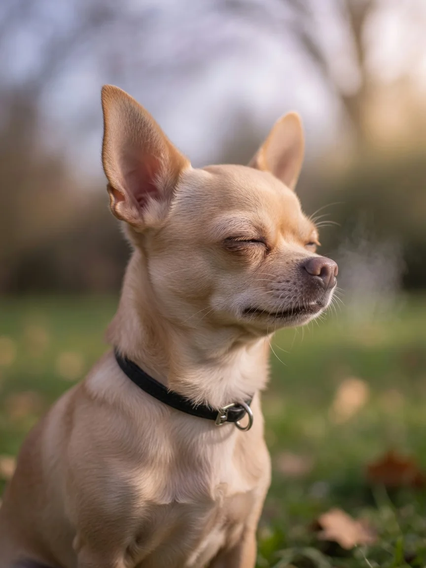 A small tan chihuahua in profile taking a calm breath outdoors