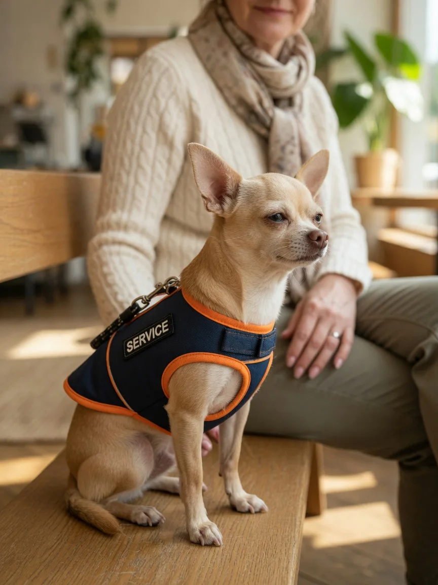 A calm small chihuahua wearing a small working-dog vest beside its owner