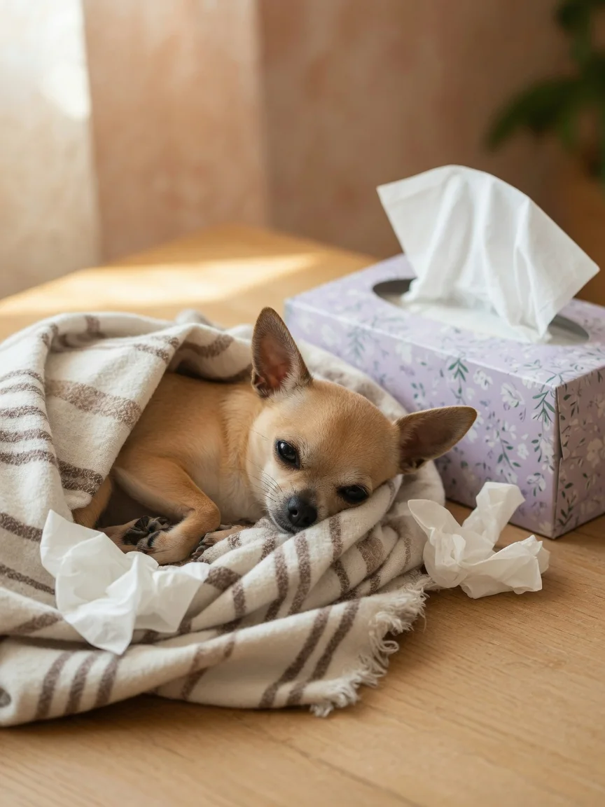 A small tan chihuahua wrapped in a blanket beside a tissue box