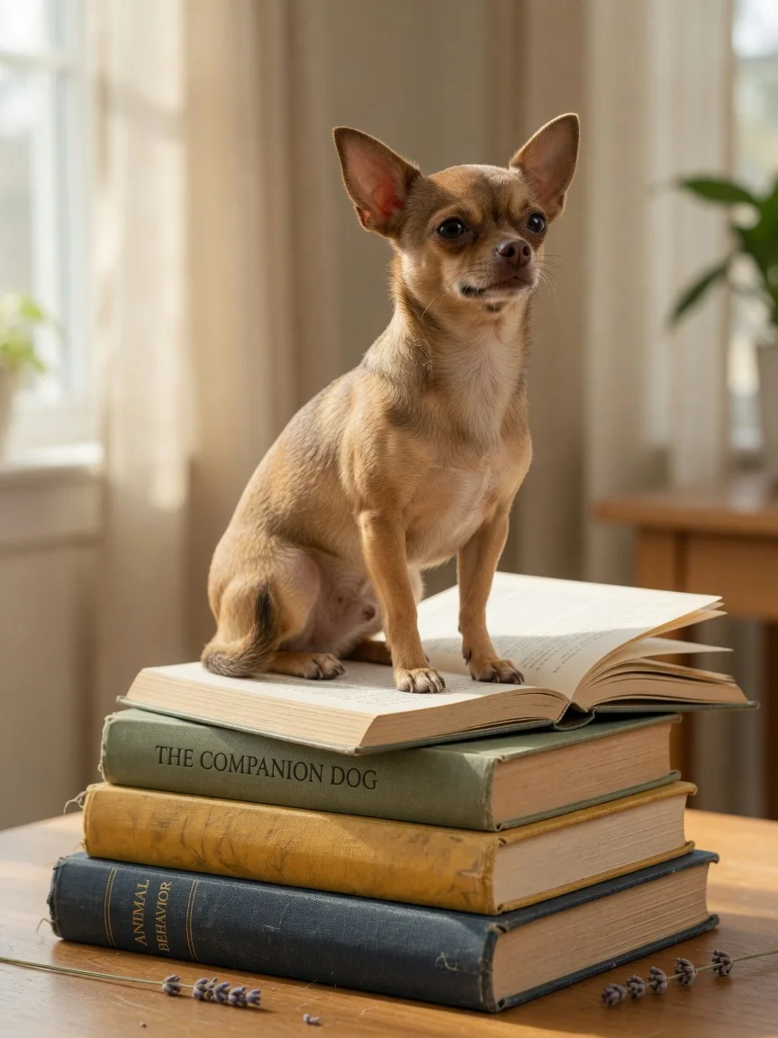 A proud small tan chihuahua on a stack of books