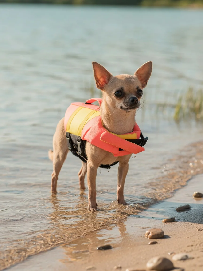 A small tan chihuahua in a tiny life vest near shallow water