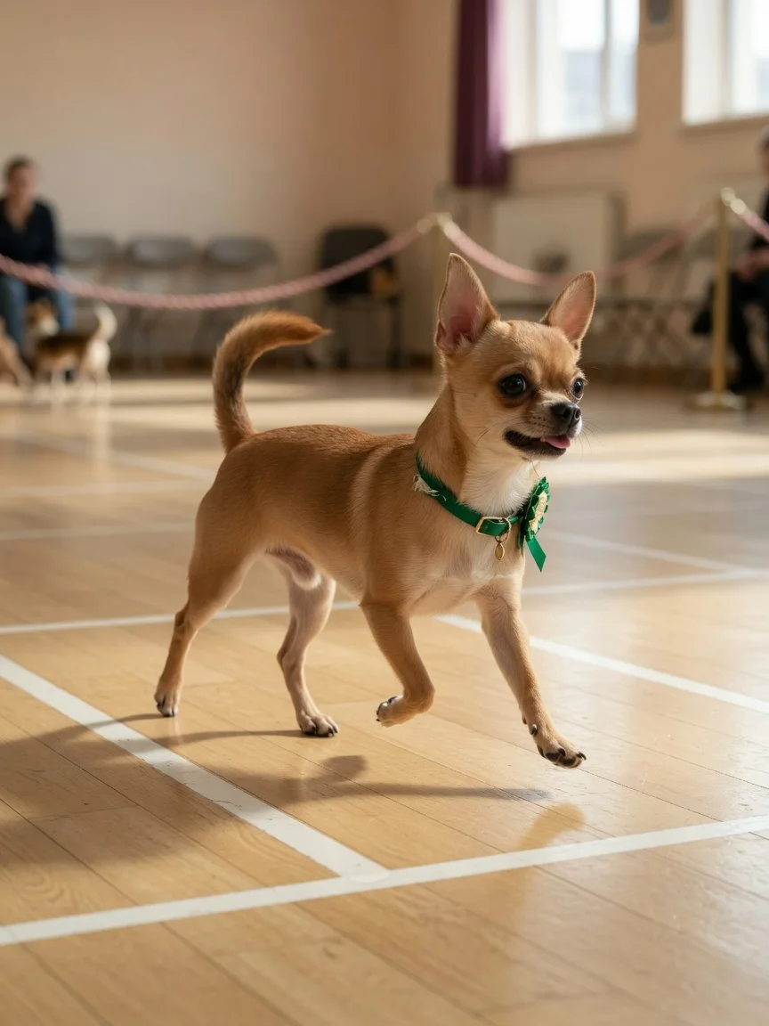 A well-groomed chihuahua trotting on a show ring floor