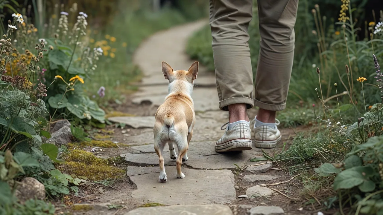 a Chihuahua walking beside an owner's feet on a garden path, seen from behind