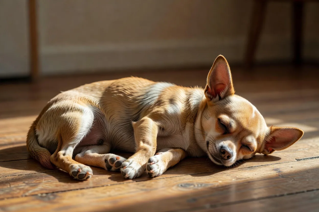 a Chihuahua asleep in a patch of afternoon light on a wooden floor