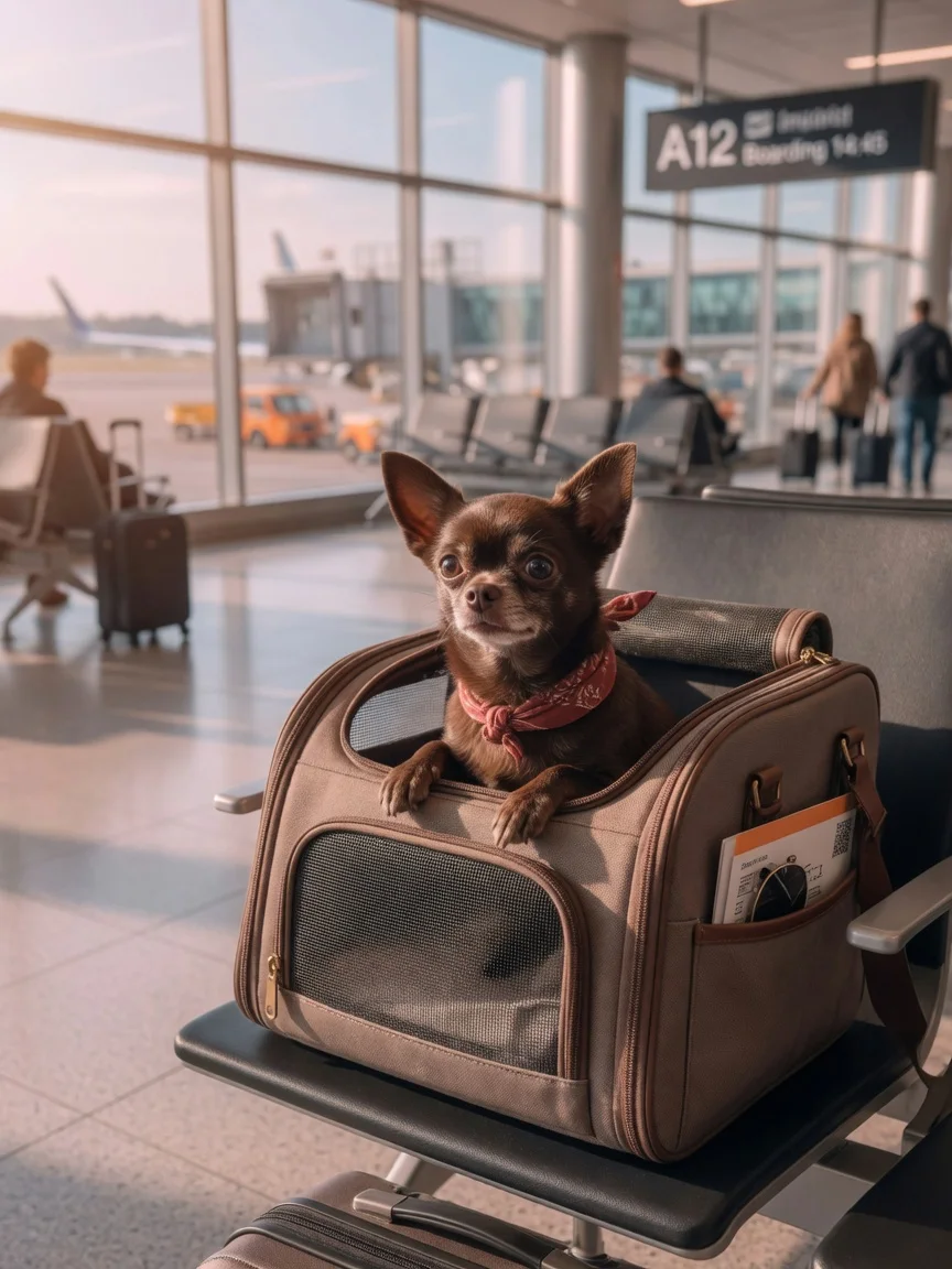 A small chihuahua in a travel carrier at an airport gate