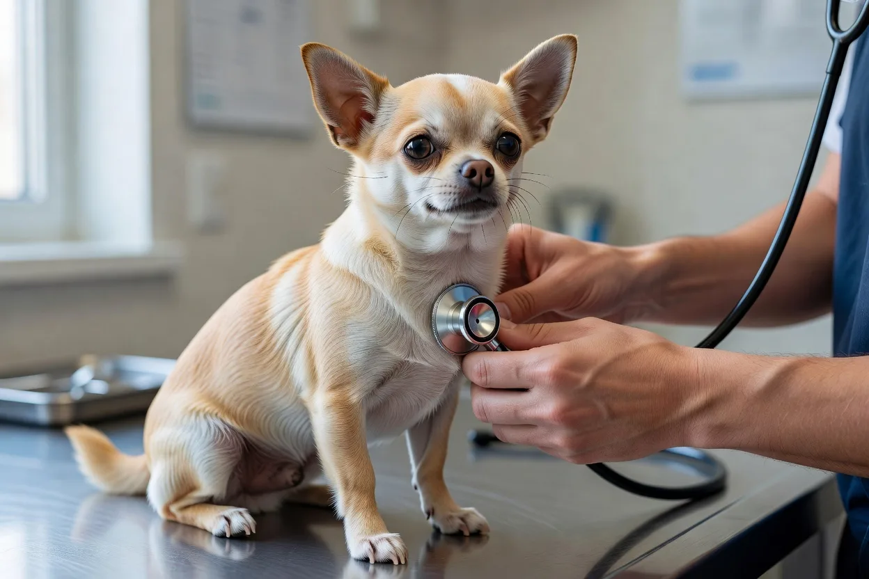a Chihuahua being examined by a veterinarian's hands with a stethoscope in a clean clinic room