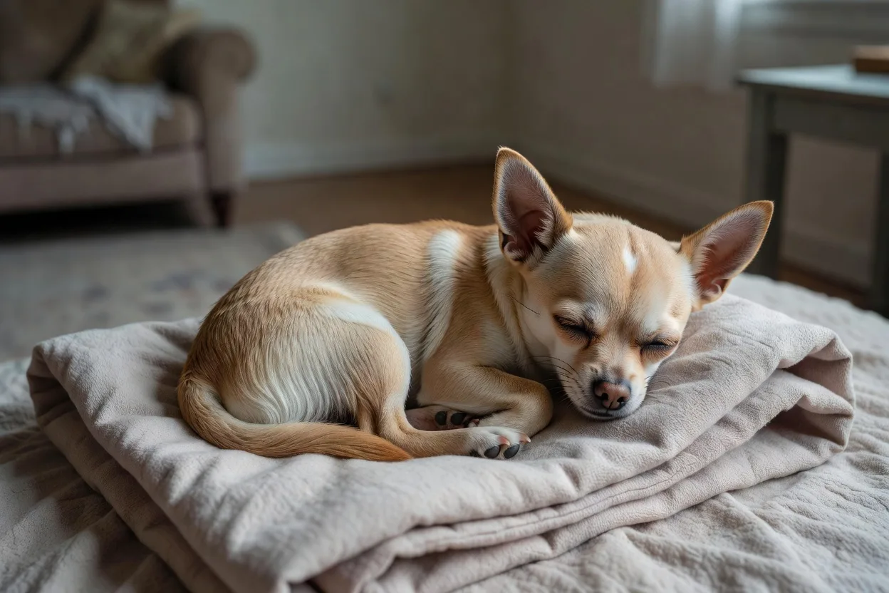 a Chihuahua curled on a folded blanket in a quiet, softly lit living room