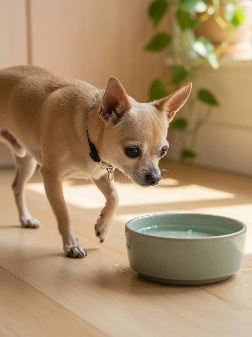 A small tan chihuahua cautiously approaching a water bowl