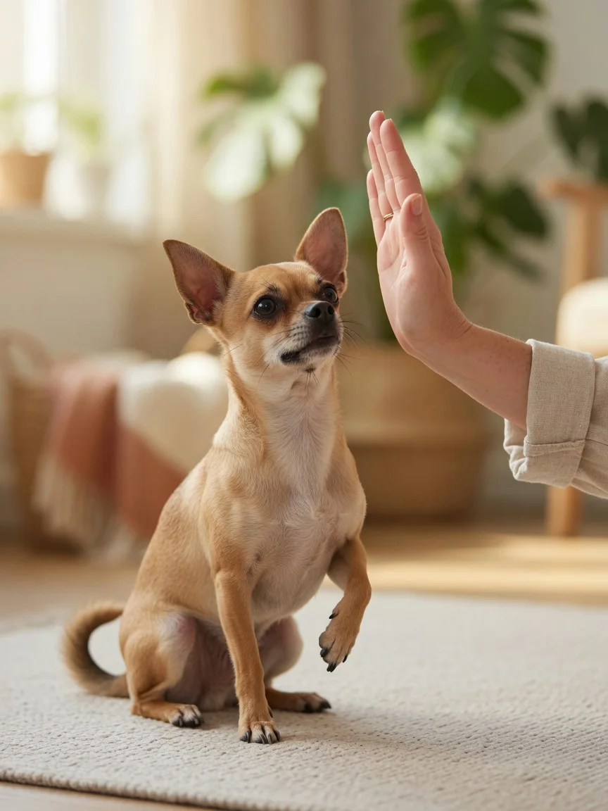 A small tan chihuahua sitting attentively for a person giving a hand signal