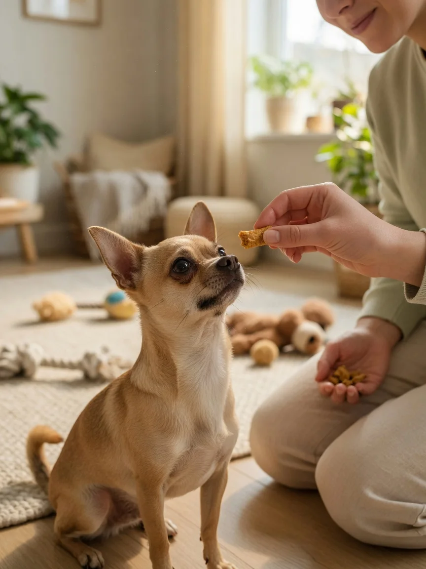 A small tan chihuahua attentively learning from a person kneeling with a treat