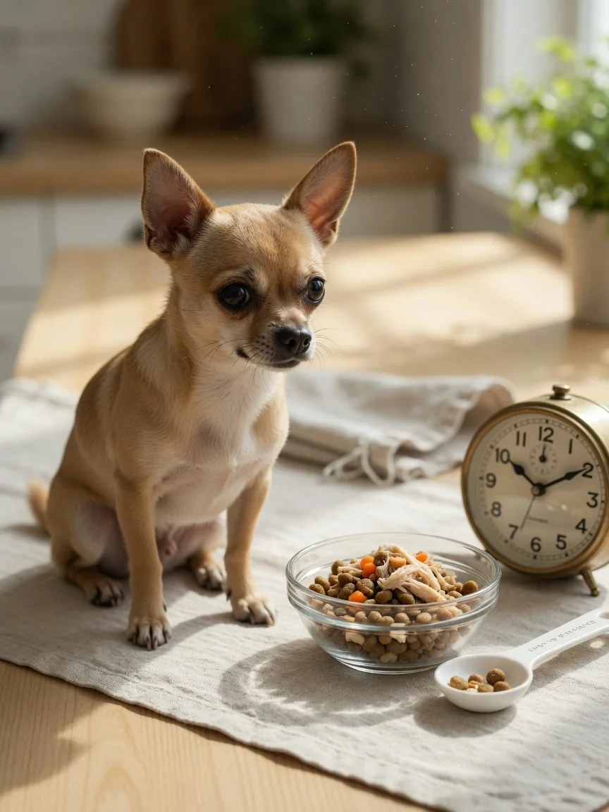 A small tan chihuahua beside a small measured meal and a clock