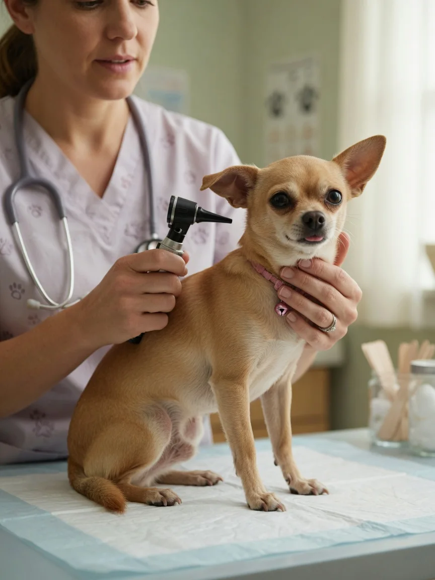 A caring veterinarian gently examining a small tan chihuahua