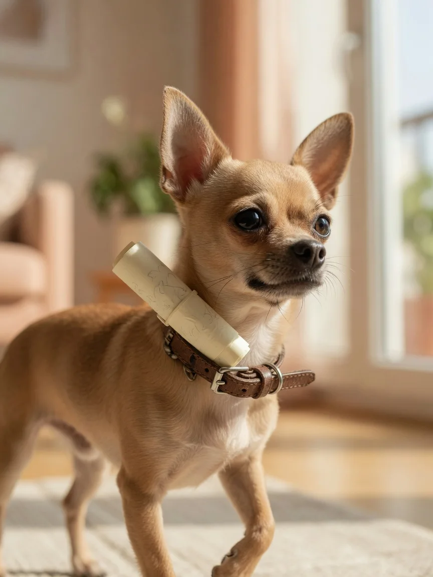 A small chihuahua carrying a small shopping note in its collar