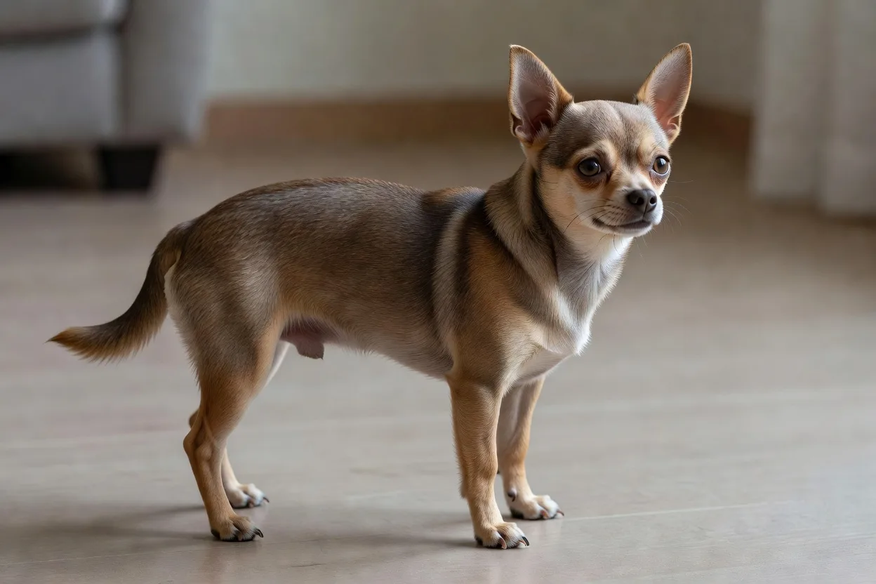 a smooth-coat Chihuahua standing in profile on a plain floor, showing its short coat