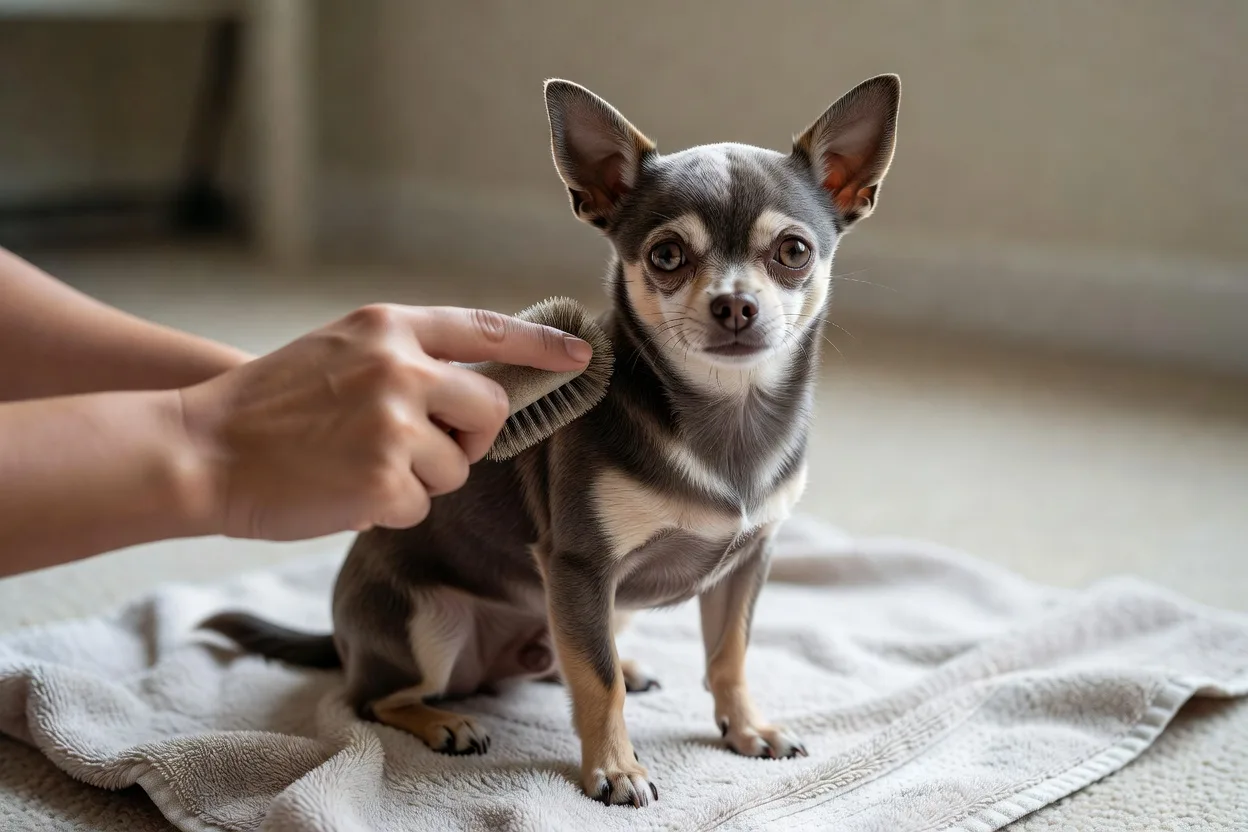 a soft brush and a smooth-coat Chihuahua being groomed on a towel