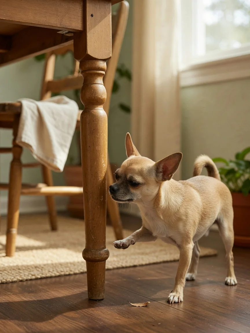 A small tan chihuahua sniffing a table leg indoors