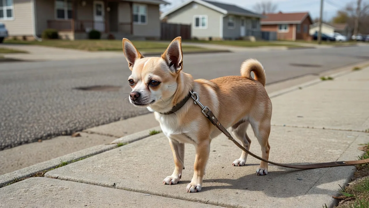 a Chihuahua on a lead beside an ordinary residential street, photographed at a respectful distance