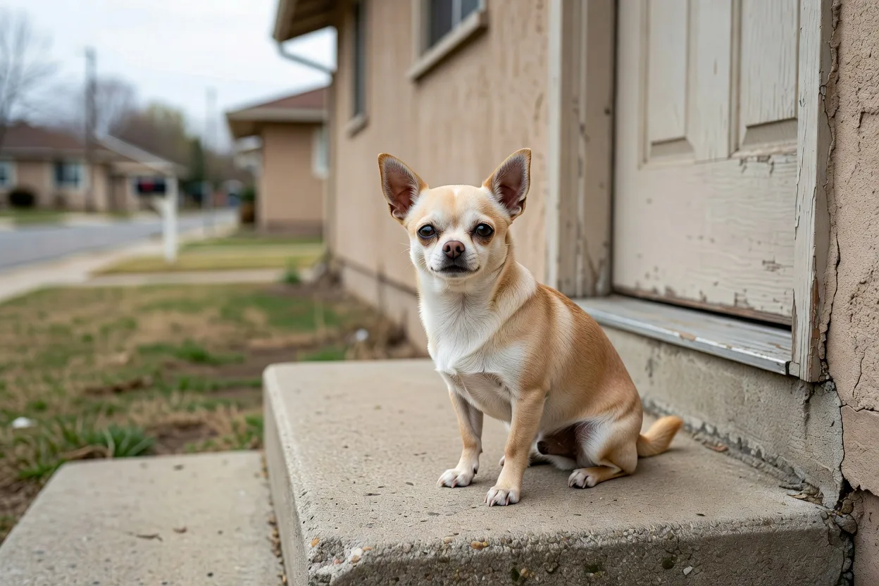 a Chihuahua sitting on a doorstep of a modest suburban home in daylight