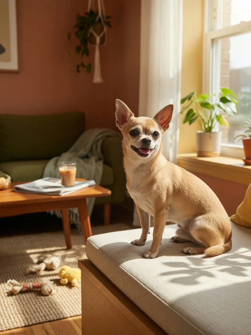 A small tan chihuahua enjoying daily life in a sunny apartment