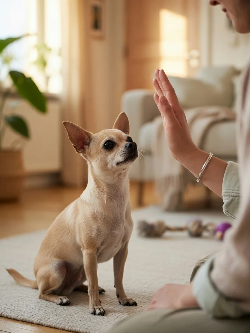 A small tan chihuahua watching a person giving a hand signal